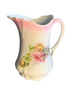 Vintage Bavarian Porcelain Pitcher Floral Design 5" Pink & White Scalloped Edge